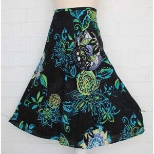 Chico's 2 L 12 14 Black Teal White Exotic Mandala Flared Cotton Midi Skirt